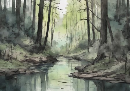 *Channel_42*
*The background for a new anime horror sci-fi visual novel*
*Watercolor* *Charcoal* *Stencil* *1920s* *Colorized* 
*Woods* *Trail* *clearing* *lake*
*Evening* *Spring* *Clear*