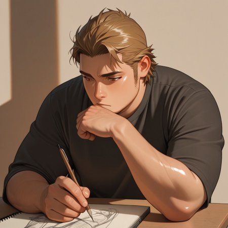 masterpiece, best quality, amazing quality, absurdres, newest, detailed background, definition so sharp, Ultra-HD, 8K cinematic, very awa, impressionate, amazing quality, highres, 
solo, male focus, manly, plump, shadow, shiny skin,
ekusoushizumu, ekusou_brunette, ekusou_orange eyes, 1boy, short hair, sideburns, stubble, artistic, thoughtful, studio, drawing, painting, sketchbook, warm_colors, muted_tones, classical_music, deep_in_thought, pensive, inspiration, creative_space, vintage