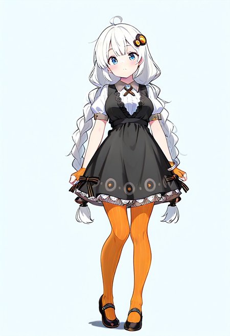 ((((((masterpiece)))))), ((((((best quality)))))), ((((((very aesthetic)))))), ((((((absurdres)))))),  masterpiece, best quality, absurdres, facing viewer, hair ornament, black dress, short sleeves, striped legwear, pantyhose, full body, 
1girl, Kizuna Akari, white hair, blue eyes, braid,