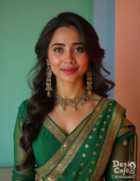 full body photo of z4hr4h kh4n woman, hyper realistic photo that is safe for work, shy smile, studio quality image with natural colors, well dressed wearing intricate long sleeved Green Saree, hair styled as  90s blowout,muted pastel shaded multicolored background that contrasts with the person, cinematic lighting,âââââ âââ <lora:z4hr4h_kh4n_Zahrah_Khan_Flux_Kohya_V1:1>âââ