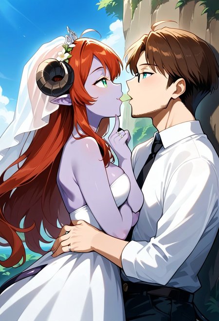 score_9, score_8_up, score_7_up, score_6_up, score_5_up, score_4_up, highres, 1boy, 1girl, c4ss14 marrying 43r0n,
BREAK
1girl, v4lkyr1e, red hair, green eyes purple skinned female, horns, demon tail
BREAK
1boy, 43r0n, brown hair, blue eyes
BREAK
wedding dress, black wedding suit, happy, kissing, golden ring, ring finger, ring on finger, outside, cliff edge, wedding scene, flower arch, source_anime, ntm,