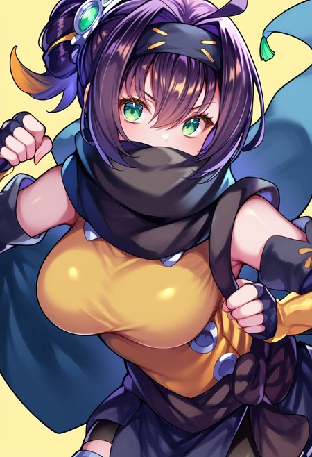 (score_9:0.9),score_8_up,score_7_up,anime style,rating_safe,(zPDXL),<lora:Sp little knight ponyXL v2:0.86>,Sp little knight,yellow clothes,black forehead protector,black fingerless elbow gloves,yellow thigh boots,silver hair ornament,1girl,solo,large breasts,looking at viewer,covered mouth,clenched hand,