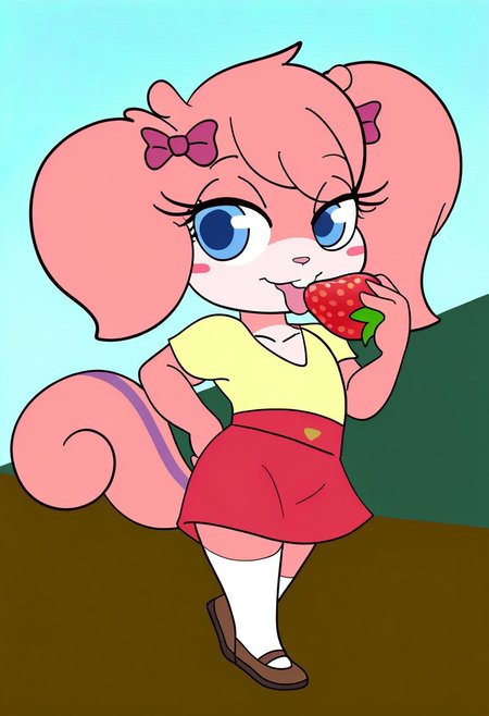 masterpiece, best quality, very aesthetic, absurdres,
outdoors, casual, 
full body, posing,  dynamic pose, dynamic_angle, close up, holding a strawberry, licking strawberry, seductive, kind eyes,
seductive smile, parted lips, long eyelashes,
 <lora:Twiggy_v01_NAIXL:1>
Tw166y,1girl,solo,furry,furry female,squirrel girl,pink hair,squirrel ears,short hair,twintails,hair bow,blue eyes,blush stickers,animal nose,buck teeth,body fur,pink fur,squirrel tail,