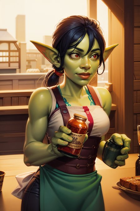 1girl, cowboy shot of shewowgob waitress, green skin, athletic, orange eyes, black hair, tavern indoors, bottles, food, volumetric lighting, best quality, masterpiece, intricate details, realistic  <lora:sxz-goblins-v2:0.8>