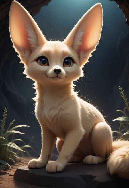 score_9, score_8_up, score_7_up, score_6_up, score_5_up, score_4_up, Fennec fox,beautiful expressive cute  face, desert, small cave rock,extremely detailed, beautiful desert cute Fennec fox creature, no humans, extremely detailed scales,  seaweed mane, beautiful eyes, moonlight, realistic, high quality, detailed, dark cave background,  dark shadows, glowing, bright colors, high contrast,  vivid lighting,