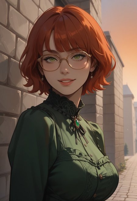 score_9,score_8_up,score_7_up,score_6_up,score_5_up, masterpiece, best_quality, ultra-detailed, straight on, cowboy shot, face focus
BREAK 
1girl, solo, short red hair, bangs, green eyes, aviator glasses, large breasts, standing, smiling, green victorian dress
BREAK
garden, stone wall, cobblestones, sunset, orange sky