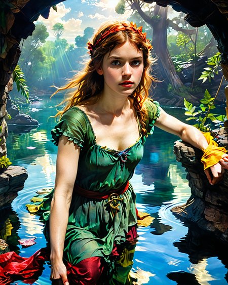 neverland: A lost island, Peter Pan, optical illusion, water, reflections, transparency, elusive, vivid color, John William Waterhouse,  light shining through clothing, tenebrism, <lora:add-detail-xl:1>, <lora:xl_more_art-full_v1:0.8>