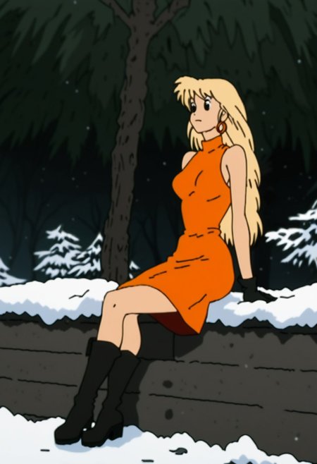 score_9, score_8_up, score_7_up, score_6 
woman, tiffany, kangoo,detailed eyes, detailed face, (retro artstyle, 1990s \(style\), flat color, toon \(style\)),1girl, female, dress, solo, female,black eyes, breasts, outdoors, red dress, snow, tree, signature, medium breasts, sleeveless dress, boots, black footwear, sleeveless, orange dress, closed mouth, bare shoulders, full body, body, alternate hair length, long hair, alternate hairstyle, arm support, gloves, sitting,blonde hair