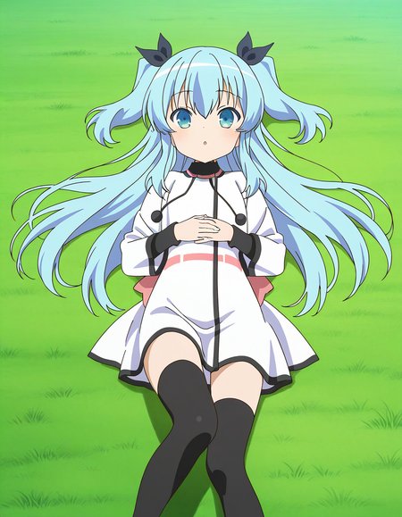 general,highres, ultra-detailed,very aesthetic,best quality ,best hands,  BREAK,  <lora:Noel_IS:1>  Noel, 1girl,solo, long hair, blue hair, two side up, blue eyes, hair ribbon, black ribbon,bangs, 2020s (style), anime coloring,
 thighhighs, dress, white dress, black thighhighs, lying, on back, long sleeves, looking at viewer, 
very long hair, own hands together, hair between eyes, black ribbon, parted lips, :o,
sky, grass,