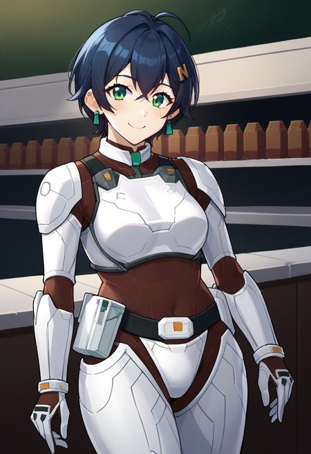 score_9, score_8_up, score_7_up, <lora:offset_0.2:0.1>, <lora:spo_sdxl_10ep_4k-data_lora_webui:1>, BREAK,
1girl, solo, source_anime, BREAK,
terraformarsmoviebodysuit, armored bodysuit, black bodysuit, white armor, boobplate, shoulder pads, wrist guards, black gloves, white gloves, utility belt, belt pouch, hip armor, crotch plate, thigh armor, <lora:Terraformars:1>, BREAK,
belle, green eyes, blue hair, short hair, hair ornament, earring, BREAK,
smile, blush, looking at viewer,
peace sign, BREAK,
cowboy shot, indoors, cafe, science fiction,