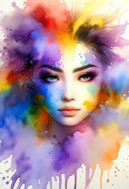 Full body, rear view, looking over shoulder,  full body photo of Tomie Kawakami, wearing a summery outfit, age 40yo, curvy, short messy hair, ((Red- pale Violet and pale Blue-vicid Violet and vivid Yellow- pale Orange color splashes background)), bursts of paint, long exposure, film grain, lively expression, (soulful eyes), (expressive eyes) (natural light, light particles)