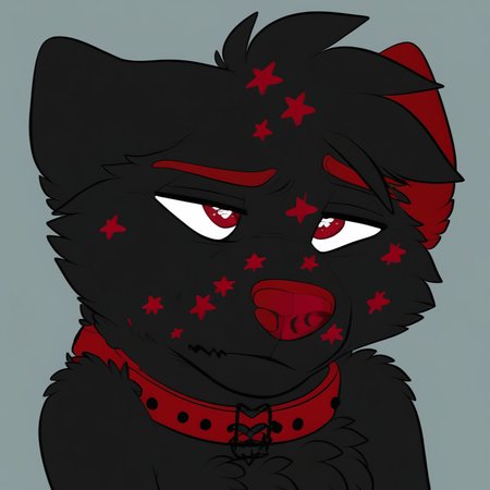 anthropomorphic dog, black Labrador, black fur, dark red markings, stars on face, red nose, red inner ears, red eyebrows, red underfur, expressive eyes, cute, wearing red collar with black stars, black hair, semi-realistic, medium detail, sad expression, playful expression, nerdy style, red star pattern on muzzle, male