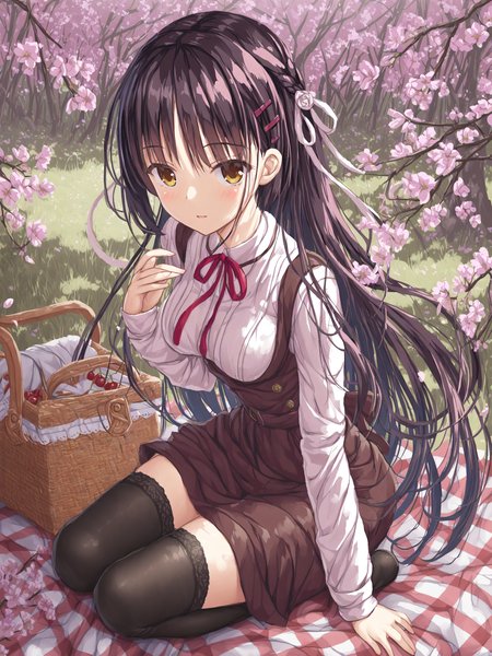 BaseStyle-vPred09Rv4,
 <lora:ShikiNatsumeV10NoobXL:1> shiki natsume, 1girl, breasts, ribbon, picnic, sitting on blanket, cherry blossoms, outdoors, grass, picnic basket,