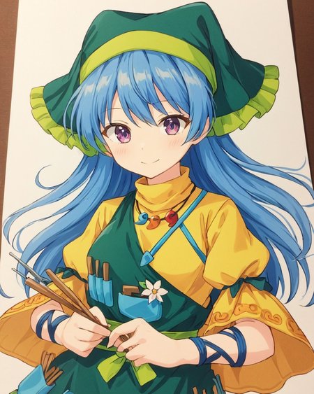 haniyasushin keiki,1girl, solo, traditional_media, green_apron, yellow_dress, tools, magatama_necklace, smile, green_headwear, short_sleeves, head_scarf, looking_at_viewer, dated, one-hour_drawing_challenge, upper_body, paintbrush, puffy_sleeves, marker_\(medium\), yellow_sleeves, flower, between_fingers, pocket, closed_mouth
<lora:haniyasushin_keiki_image1264_2023-12-20-000014:1>,star-shaped_pupils,symbol-shaped_pupils,. gorgeous,key visual, vibrant, studio anime,award-winning, professional, highly detailed,high budget, cinemascope