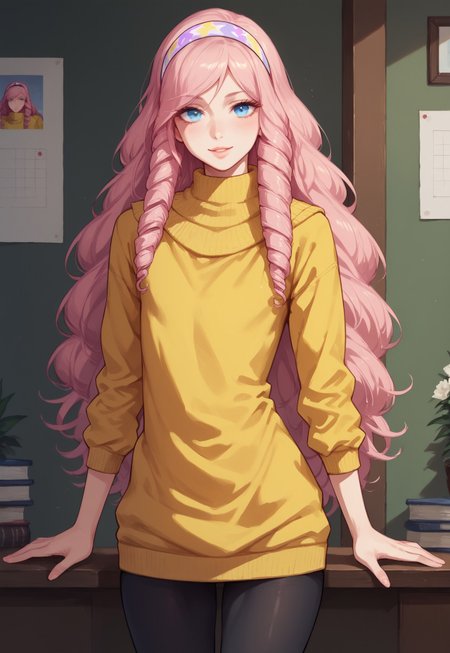 safe_pos, score_9, score_8_up, score_7_up, score_6_up, score_5_up, score_4_up, masterpiece, perfect face, perfect eyes, class room, sexy trap,tsukimiya ringo, pink hair, long hair, drill hair, blue eyes, hairband, yellow sweater dress, turtleneck, black leggings, standing, sexy pose, seductive, flat chest, thick thighs, front view, femboy focus, looking at viewer,
