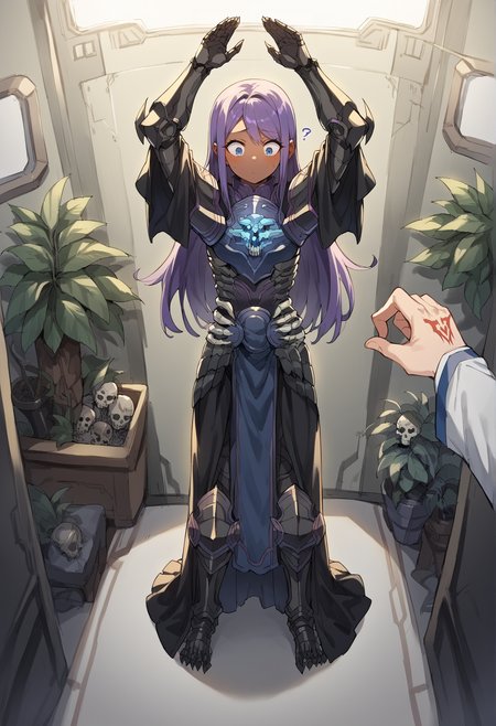1girl, genderswap, age regression, small breasts, long hair, purple hair, dark skin, blue yes, armor, full armor, knight, skull, mask, pauldrons, arms up, standing, oversized clothes, surprised, blush, confused, looking down,  indoors, spacecraft interior, plant, bed, single pov hand, command spell, from above <lora:First_Hassan:1>, score_9, score_8_up, score_7_up, score_6_up, score_5_up, score_4_up, BREAK source_anime, masterpiece