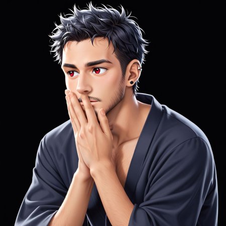 1man, skin tanned, messy hair, covering part of the face, red eyes, thin eyebrows, ear piercing, small goatee, wearing black Japanese tunic with scarlet edges, alone, looking forward, athletic body, masculino, bara.