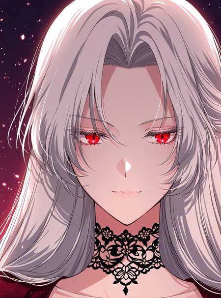 <lora:Raviel_Ivansia__SSS_Class_Suicide_Hunter__Illustrious:1>
1 girl, solo, long hair, white hair, straight hair, red eyes, half-tied hair
crimson evening gown, dark red dress, floral embroidery, low neckline, puffed sleeves, lace choker, black lace collar, fitted waist, rose patterns, 
masterpiece, best quality, intricate details, gothic fantasy, upper body portrait, dramatic pose, confident gaze, cinematic lighting, clean background, glowing magical particles, detailed face, vibrant colors