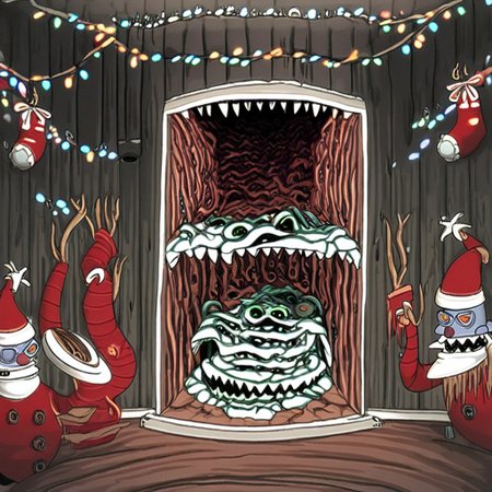 Children hiding from Santa, inside, Christmas decorations, horror, ominous