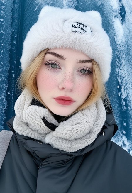 RSGRL, Russian female, Cute face, amateur, candid, , 1girl, solo, blonde hair, freckles, looking at viewer, lips, hat, realistic, white headwear, upper body, coat, portrait, eyelashes, winter clothes, closed mouth, eyelashes, mascara, lipstick, freckles, 22-year-old