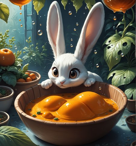 score_9, score_8_up, score_7_up, score_6_up, score_5_up, score_4_up, Oil painting with vibrant colors and detailed textures featuring a wide-eyed white rabbit with large ears peeking out of an oversized bowl of orange soup with vegetables, surrounded by a whimsical garden scene of large leafy plants and additional bowls of soup on a watery surface, with water droplets, shadows, and reflections enhancing the fantastical atmosphere.
