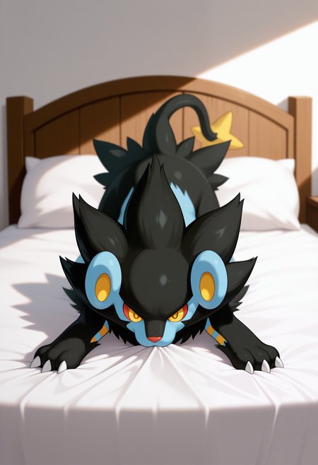 masterpiece,best quality,amazing quality, 1boy, solo, luxr4y, pokemon (creature), chibi, cat bed, claws, 