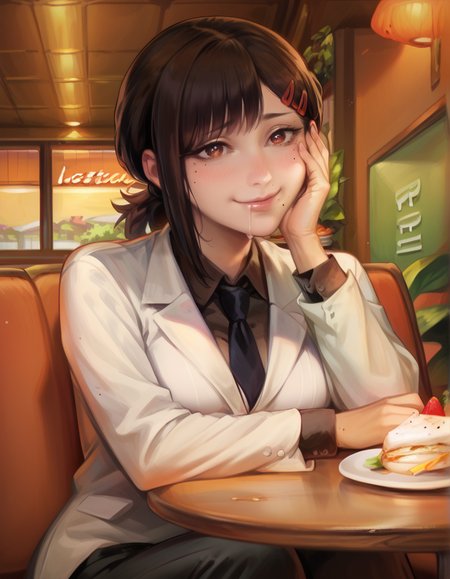 score_9, score_8_up, score_7_up,   detailed background,  realistic lighting, background: restaurant, 
detailed eyes, mature female,fit and slim,(1 girl), closed mouth, sitting, food on table, food in hand, table, icecream, saliva drip, 
<lora:Tasty-000006:0.9>,tasty food,  happy, hand on face,   
 <lora:kobeni-higashiyama-ponyxl-lora-nochekaiser:0.8>, kobeni higashiyama, black hair, hair ornament, hairclip, mole, mole under eye, ponytail, short hair, brown eyes, black necktie, black pants, business suit, formal, long sleeves, necktie, pants, suit,
 <lora:Pony - Style - Kittew:1> 4RCH0N