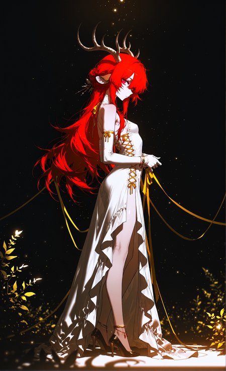 masterpiece, sharp detail, intricate detail, 1girl, solo, (rella, konya karasue, j.k.),  detailed eyes, gradient eyes, red hair, long hair, red eyes, looking at viewer, deer horns, deer ears, branched, mature female, small breasts,  elegant gloves, dress, golden ribbon trim, cross-laced clothes, high heels, bracelet, anklet, full body, from side, facing down, depth of field, soft luminous hues, translucent light, pearlescent reflection, BREAK smooth shading, glossy surfaces, luster, color depth, masterful shading, BREAK light and shadow contrast, chiaroscuro, volumetric lighting, dappled light, dramatic shadows, cinematic lighting, detailed background,   <lora:darkness_xl_v20:0.3>, <lora:V2_yakumo_alchemy:0.6> glowing, glowing particles, light particles,