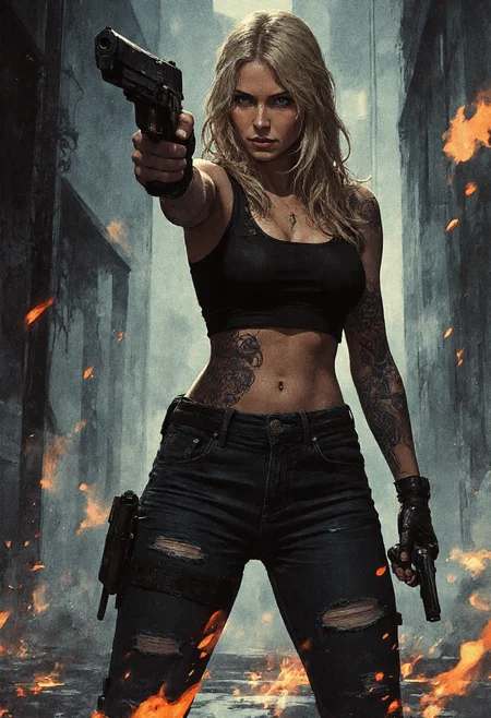 karolineleavitt and her huge naked  tits with perfect nipples,karolineleavitt is topless and her breasts are tattooed in Viking style around nipples, karolineleavitt wearing ripped, oil-stained jeans. Her arms on pistols are very realistic.  she is shooting her pistol gun at an enemy outside of the frame chasing after her, empty bullet casting flying in the air, tracer bullets are whizzing by her, but she stands firm and resolute as the flame from gunfire is casting lights and shadows adding a dramatic sense to the scene, epic battle, night time. Cyber punk background. Very detailed.ark night, intricate, highly detailed, watercolor anime style. Dystopian, shades of gray with highlight colors. Angled, legs apart, pointing gun at camera. Extreme perspective. Action pose with gun. Cinematic action style. <lora:RetroAnimeFluxV1:0.6> <lora:Mezzotint_Artstyle_for_Flux_-_by_Ethanar:0.6> <lora:Karoline_Leavitt_FLUX:1> <lora:CPA:0.6>anime style