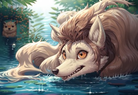 safe_pos, score_9, score_8_up, score_7_up, SLVTKdepth of field, ambient occlusion, bokeh, cel shading, black illustration lines, canine mouth, sharp teeth, detailed fur, fluffy,tuft cinematic lighting, cartoon, (feral:1.5) ((Ninetales)), source_pokemon,  head portrait, ninetales, furry female, female, fangs, petite, amber eyes, beige fur, solo,1girl,face focus,water,anime style,wet hair,blue water,observing,calm expression,curious gaze,silent encounter, head_out_of_water,head sticking out of water,peeking out of water,face above water,