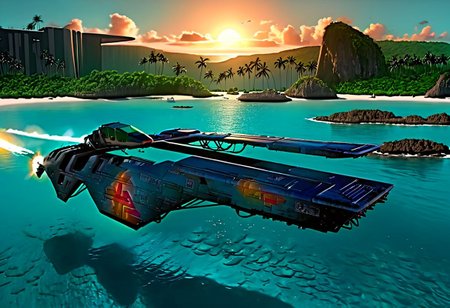 a dark blue (WipEout anti-gravity craft), (split-front:1.3),  flare, that has landed in the waters of a lagoon, floating in the sea, tropical island, blue sky, sunset, sharp, high detailed, realistic, sleek, scifi