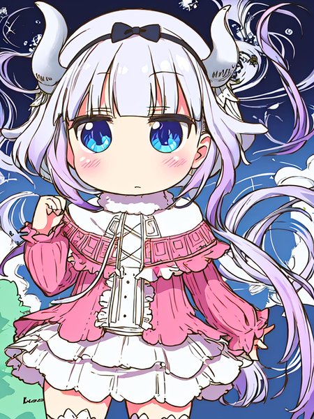 kanna, dragon_girl,, original,(illustration:1.1),(best quality),(masterpiece:1.1),(beautiful and clear background:1.25),(extremely detailed CG unity 8k wallpaper:1.1), (colorful:0.9),(depth of field:0.75),( ink splashing:0.95),(color splashing:0.85),(watercolor:0.65),
\\
(cowboy shot:1.4),blue (school uniform:1.4),
1girl, bangs, :d, brown hair, blue_eyes, dress, earrings,looking_at_viewer, neck_ribbon, long hair, smile,
\\
classroom, indoor, sunny, detailed blue sky,
 <lora:kannaKamui_v1:0.8>