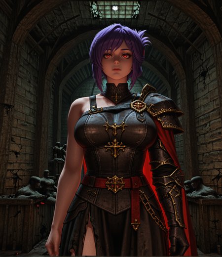 kingpin, realistic, masterpiece, best quality, amazing quality, very aesthetic, absurdres, newest, hollywood lighting, bloom haze, (three-quarter view:1.2), (staring straight ahead:1.2), 1girl, sabia, human, purple hair, red eyes, folded ponytail, armor, single shoulder armor, cape, single bare shoulder, clothed, large breasts, abandoned fortress hall, ruined statues, cracked throne, light streaming through roof, epic symbolism, <lora:dmd2_sdxl_4step_lora:1>, <lora:Kingpin_-_Life_of_Crime_Style_1.2_ILXL-000010:1>, <lora:KOD_dtv5r__for_Illustrious_v0.1__Adafactor:0.45>
