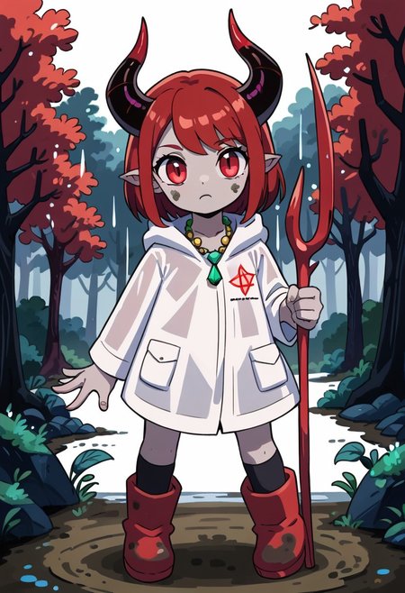 score_9, score_8_up, score_7_up, BREAK
highres, highly detailed, high resolution, high quality, 
source_anime, anime screencap, saturation, vivid colors, 
1girl, solo, luce, full body, standing, demon girl,
(dark red hair:1.2), (big dark red eyes:1.1), medium hair, cute, (grey skin:1.1), (horns:1.2), 
(long black raincoat:1.1), dirty black rubber boots, 
pentagram necklace, holding red trident, 
forest background, path, rain, 
hds style, cel shading, linear hatching