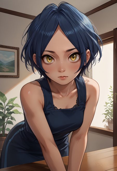 score_9, score_8_up, score_7_up, source_anime, zPDXL3, 
1girl, solo, upper body, looking at you, indoors, leaning forward,
 <lora:HayamiKanade_pony_v1:0.8> hymknd,, hymknd, short hair, blue hair, parted bangs, yellow eyes, medium breasts,