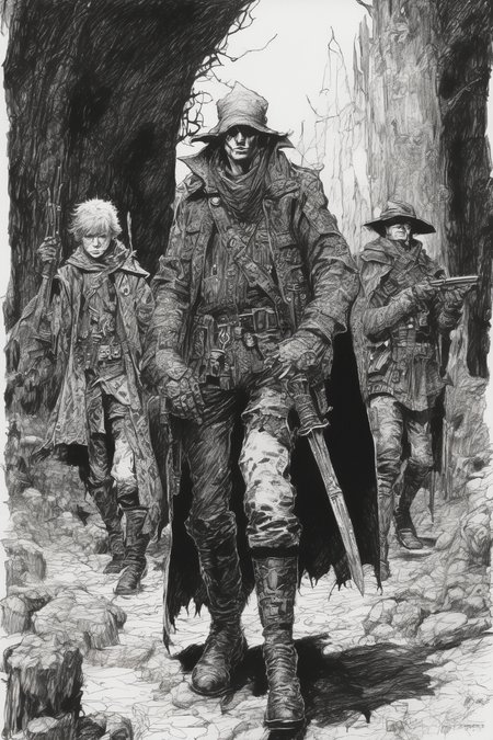 John Blanche Style - messy pen and ink of one child warlock leading their adult soldier thugs in a Grimdark fantasy setting inq28 in the style of John Blanche
