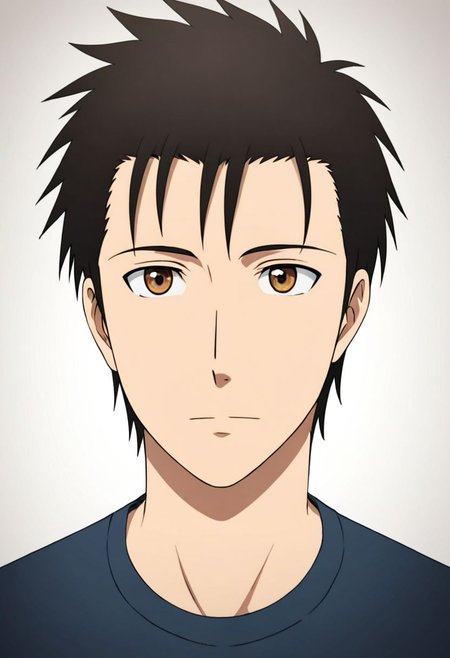 solo, 1boy, detailed_eye_model, easynegative, Soujirou Agata, Brown Eyes, Black Hair, T-Shirt, passport_photo_style, looking at viewer, focused gaze forward, plain background, straight body, head upright