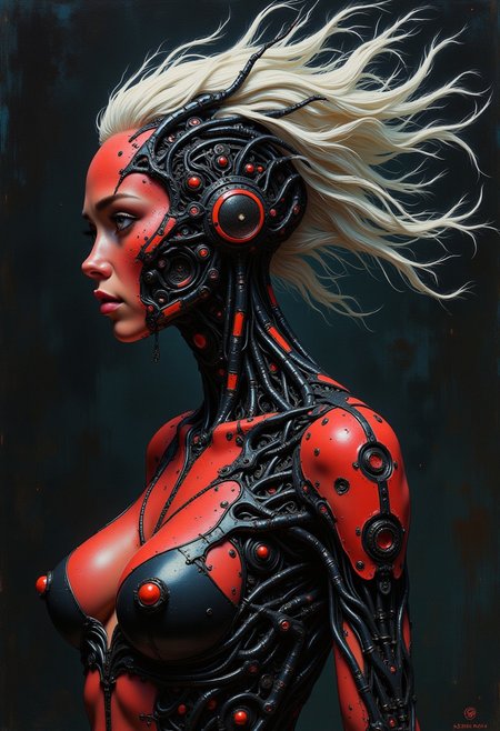 oil art, very detailed analog photo, atmospheric lighting and epic,(((faded colors))), fine grain, by Satoshi Kon, White glowing hair,  Portrait of a black cat, billowing hair, and billowing feathered cloak, The  female's  head is adorned with a living, biomechanical crown that curves symmetrically backward. This ornate headdress is composed of glossy black exoskeleton-like segments, each topped with a bright red sphere that creates a hypnotic pattern of black and red. Similar biomechanical structures extend down the creature's neck and chest, forming an intricate organic necklace. neon and black colored, mysterious, abstract and surreal, organic background,medium breasted, high tech bra, Half-Turn Rear View,