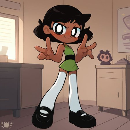 score_9, score_8_up, score_7_up, score_6_up, score_5_up, score_4_up, BREAK, source_anime, connie_maheswaran, indoors, bunt bangs black hair, small breasts, black footwear, white thighhighs, smile, smug, blush, green top, sleeveless, green miniskirt, peace sign, pantsless, powerpuff, dark-skinned female, 1girl,