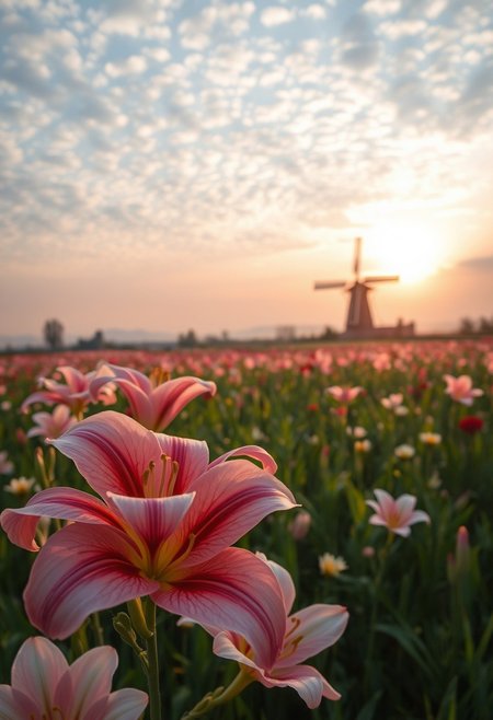 detailed background, from above,( Calm spring morning landscape), beautiful view, Flower Field, lily flower in full bloom, lily flower, early morning, sunrise sky, beautiful clouds, dappled sunlight, 
I can see a windmill in the distance, 
depth of field, masterpiece, best quality, ultra-detailed, very aesthetic, illustration, perfect composition, intricate details, absurdres, moody lighting, wisps of light, no humans,