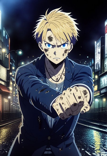 high resolution, professional photography, solo, best quality, 1Boy, Yamato Ishida, Blond Hair, Deep Blue Eyes, Necklace, potrait, midnight, big city, dim street lights, dirty environment, cold, tense, mysterious, sharp eyes, merciless, threatening, weapon, aiming the weapon at the viewer, OverallDetail
