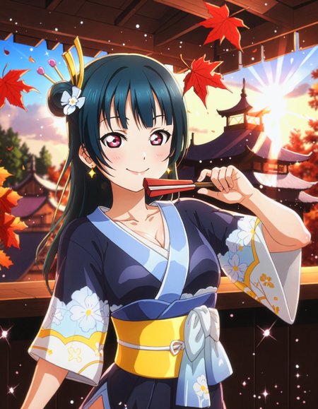 <lora:Koto-Umi-Riko-Shizu-Setsu-LLAS-LyCORIS-AnimagineXLV31-V16:0.3:0.5:lbw=LLAS-Other> <lora:yoshiko.pony:1:lbw=OUTD26>
<lora:add-detail-xl:1.5> <lora:detailed_notrigger:1> <lora:hand 4:0.5:lbw=Hand>
<lora:artistic_amplifier_sdxl_a_webui:0.75:lbw=Artistic> <lora:satoukuukiXL_ANI31_lokr_V42310:0.75:lbw=StyleV1>
(score_9, score_8_up), score_7_up, source_anime, (masterpiece, absurdres, very aesthetic:1.4), best quality, newest, perfect anatomy, perfect lighting, (depth of field, blurry background:1.3) BREAK
(sunbeam, god rays, light particles, sparkle:1.3), (shiny skin, shiny clothes) BREAK
1girl, looking at viewer, (cowboy shot:1.2) BREAK
(yoshiko:1.3), (mymai:1.3), folding fan BREAK
big pupils, detailed eyes, (huge breasts, curvy, narrow waist), cleavage, lips, smile, closed mouth BREAK
maple leaf, falling leaves, blue sky, cloud, wooden tower