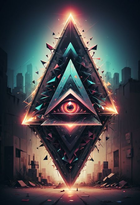 Surreal graffiti, glitchcore, double exposure, poster style, geometric, triangles, glitchy, eerie, lights, occult, dark,