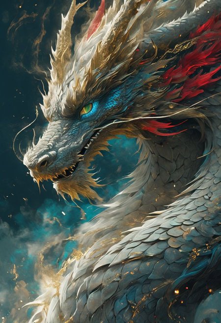 minimalism style, WLOP art style, a character worrior , facial muscles,  eye light, dragon behind, cinematic foootage,  fantasy, intricate details,8k post production,dark gold tone blue red white green