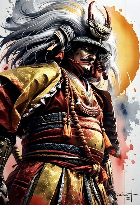 score_9,score_8_up,score_7_up,
Male illustration,50 years old,mature man,ambitious,beast-like sharp gaze,chubby but muscular,Japanese samurai,16th century,dramatic lighting,high contrast,decorative,atmospheric,haunting beauty,texture,(dynamic angle),round face,black,gray,red,yellow,
from side, look back,look at viewer, ,splash art,highly detailed illustration,trending on Artstation,paint splashes,perfect composition,watercolor,sharp focus,intricate details,highly detailed,
White background,mustache(1.3),windy,dynamic pose,dynamic angle,
Watercolor,<lora:BDpony_TakedaShingen_V1:0.9>,Takeda Shingen,
<lora:Midjourney_5:0.6>,<lora:WaterColorV3:0.8>,