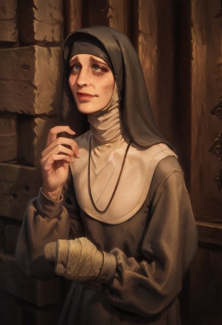score_9_up, score_8_up, score_7_up, score_6_up. 1girl, solo, C3cile_LoP, nun, habit, long sleeves, necklace, bandaged left hand, blue eyes, bloodshot eyes, shy smile, standing, in a church, (realistic, painted art)
