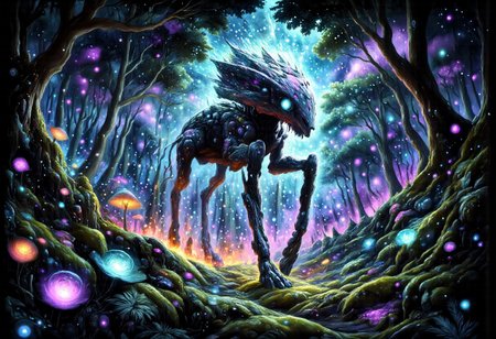 In the heart of an ancient, mystical forest, bathed in the eerie glow of a moon concealed behind thick, swirling clouds, strides a colossal translucent at-st Scout Walker. Its massive mechanical legs thunder across the moss-covered ground as it moves effortlessly through the landscape, its transparent body nearly vanishing in the vast expanse of stars above. The walkers form is translucent, barely visible against the endless cosmic canvas, with starlight piercing through its ethereal silhouette, casting a soft glow from within. The faintly shimmering Scout Walker takes on hues of deep blue and violet, refracting the distant starlight as it moves.
Soft, iridescent mushrooms, glowing faintly in deep purple and emerald hues, sprout from the back of the massive beast, casting brief flickers of light that dance across the shadows of the forest floor. Its eyes, luminous and full of ancient wisdom, gleam as they gaze out from the shifting form, reflecting the brilliance of distant galaxies.
The forest around it stretches endlessly, a labyrinth of twisted, ancient trees wrapped in dark, velvety moss, their branches reaching toward the sky like shadowed fingers. Hints of deep turquoise and dark purple swirl in the air, blending into the atmosphere, as though the entire realm is bathed in a palette of deep, enchanted twilight. The walkers silhouette moves gracefully through this dreamlike landscape, a serene giant in the midst of the cosmic night.