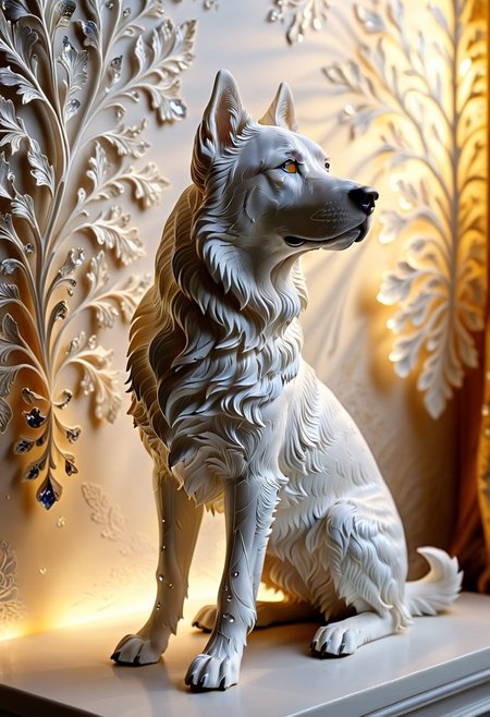 A photorealistic image of a majestic dog figure,
crystalstexture skin,(extremely delicate and beautiful), highly detailed, WhiteMold, art style, 3d printed mold, 
intricate details, dramatic composition, contrast, texture, realism, high quality, stunning art, film grain, volumetric lighting, detailed, 
background is cozy room,
