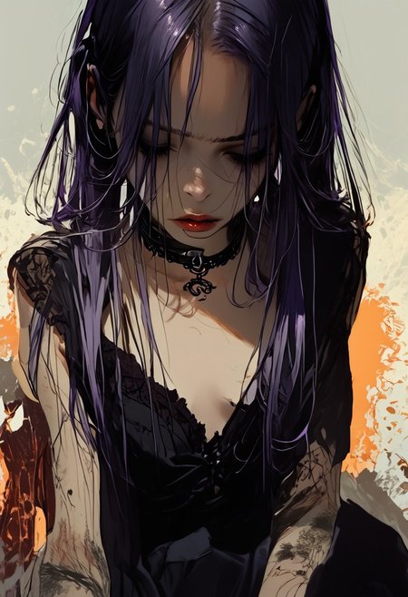 score_9, score_8_up, score_7_up, sinozick style , flat color, dark theme , source_comic, 1girl, solo, long hair, purple hair, choker, tattoos, black gothic dress, fishnet arm sleeves and gloves,  gothic dungeon background
BREAK
Dramatic angle, unique perspective, unique angle