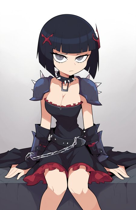 score_9, score_8_up, score_7_up, score_6_up, score_5_up, score_4_up, BREAK
1girl, necklace, jewelry, black hair, solo, shoulder armor, armor, spikes, short hair, chain necklace, pauldrons, bob cut, looking at viewer, dress, frills, breasts, belt, closed mouth, choker, cleavage, hair ornament, sitting, black belt, collar, white background, grey eyes, black choker, black collar, braid, gauntlets, blunt bangs, collarbone, black dress, buckle, shadow, frilled dress, simple background, chain, spiked collar, sanpaku, upturned eyes, cowboy shot, gradient background
 <lora:miscon_ponyxl:1>
